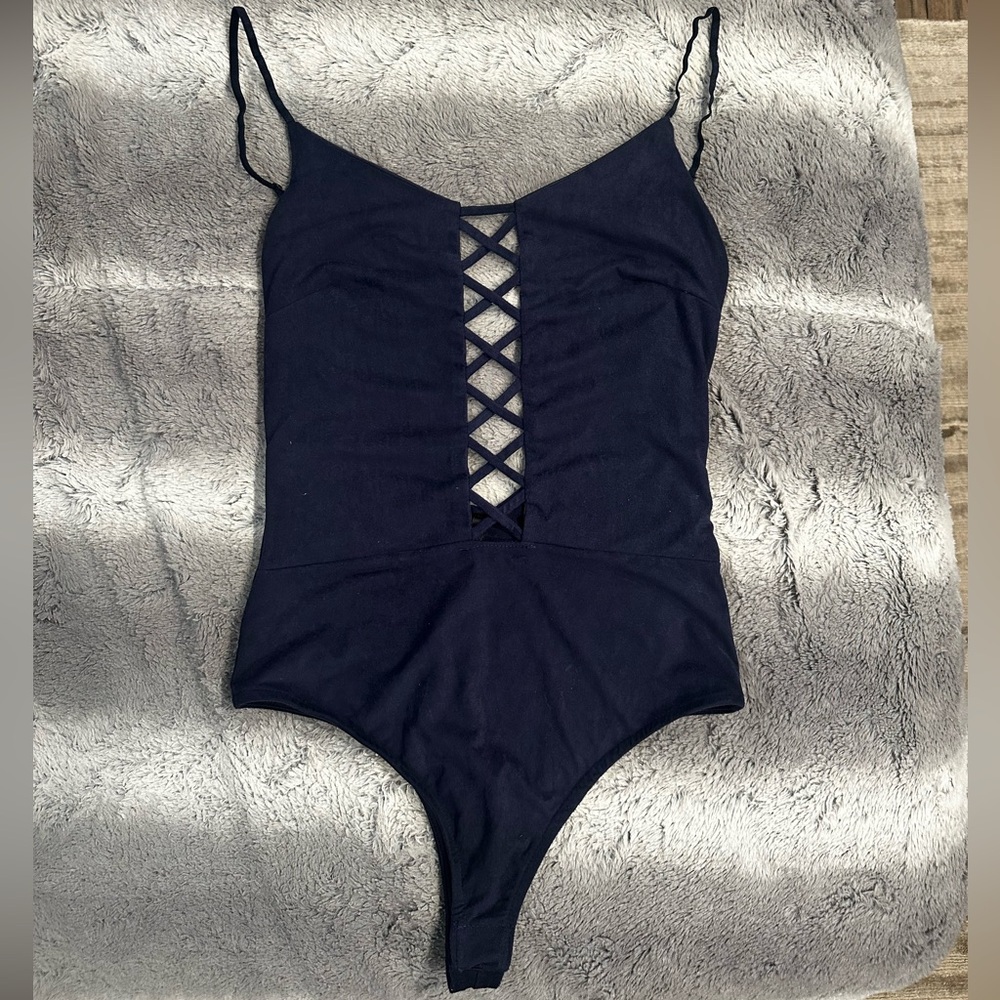 NWT - Blanc Suede Criss Cross Deep Blue Suede Bodysuit. Size Medium.